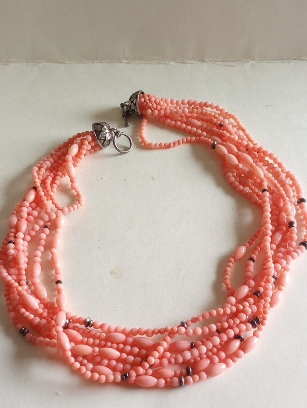 Vintage 1980 Multi-Strand Pink Coral Bead Necklace B.J Design China 925